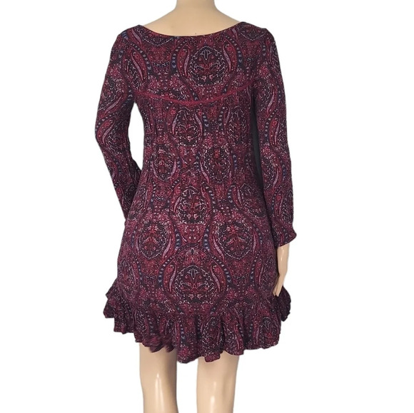 American Eagle Maroon Paisley Peasant Style 3/4 Sleeve Mini Dress - Picture 2 of 3